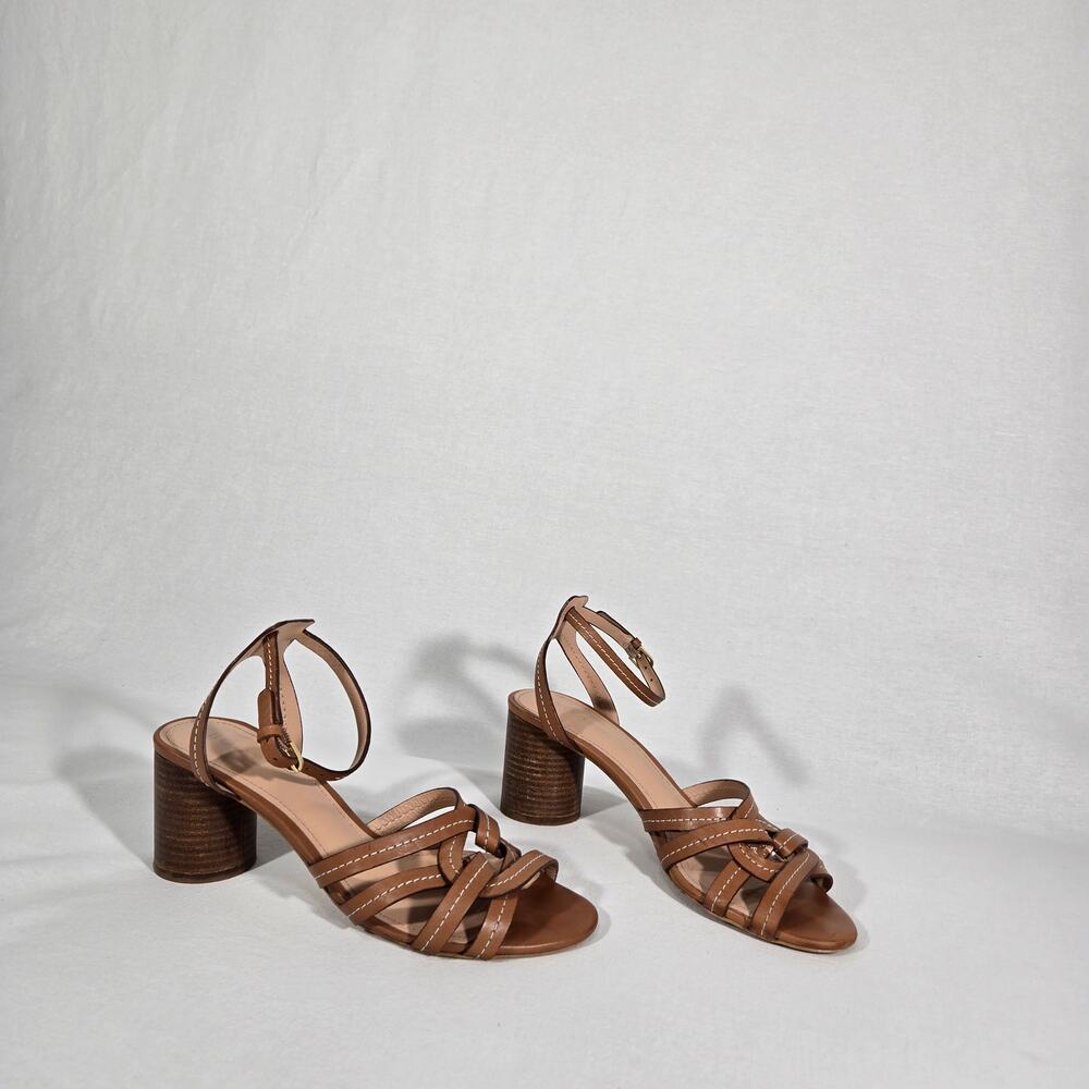 BODEN Tan Leather Strappy Cage Open-Toe Ankle Strap Block Heel Sandal Size 8/39.
